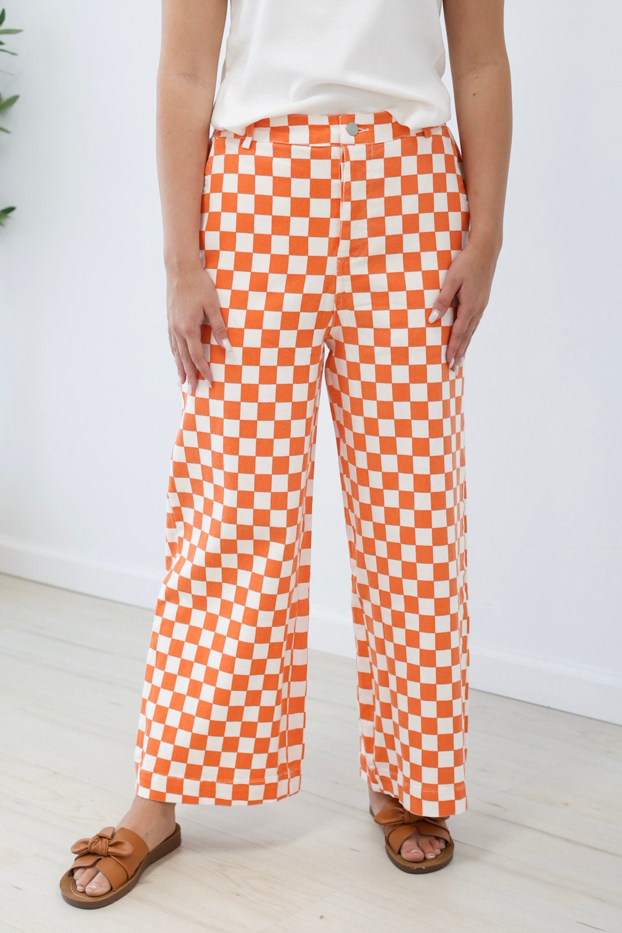 Go Go Game Day Check Print Pants in Orange/White - view 1