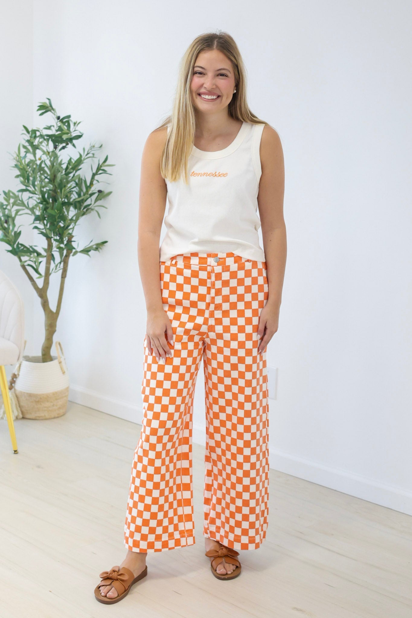Go Go Game Day Check Print Pants in Orange/White - view 2